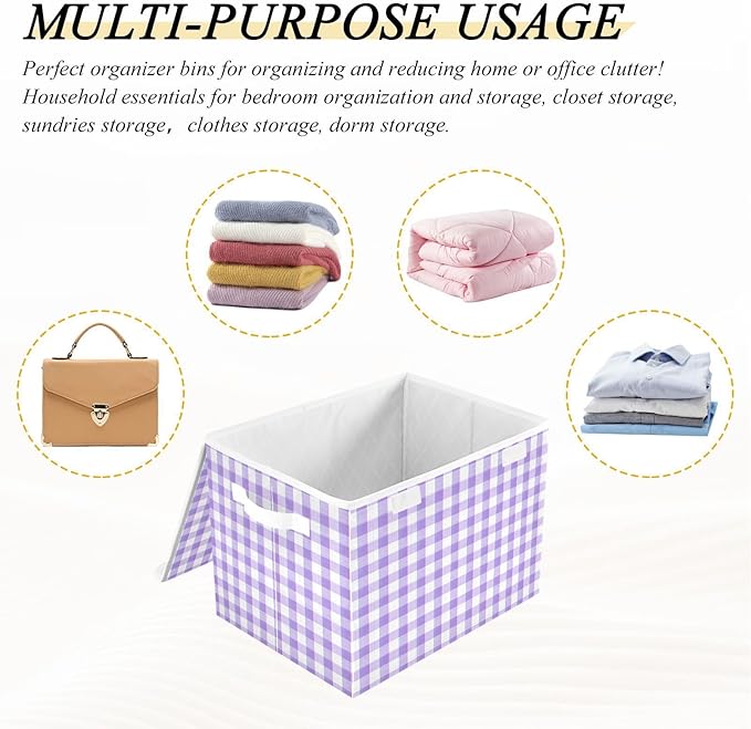 Purple Gingham Checkered Storage Box with Lid 1 PC Foldable Storage Bin with Lids Stackable Storage Bins Cube Closet Organizer Basket with Flip-Top Lid &amp Handles for Shoes Books Towels