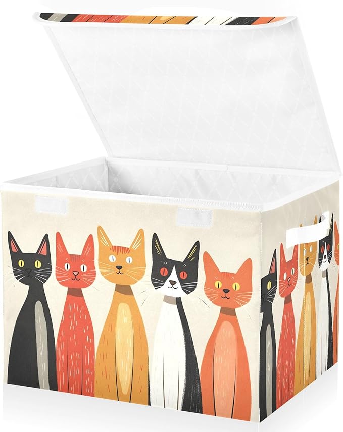 Abstract Cartoon Cat Storage Cube Bins Basket with Lid Collapsible Flip-top Fabric with Handle for Home Bedroom Closet Office 16.5×12.6×11.8 in