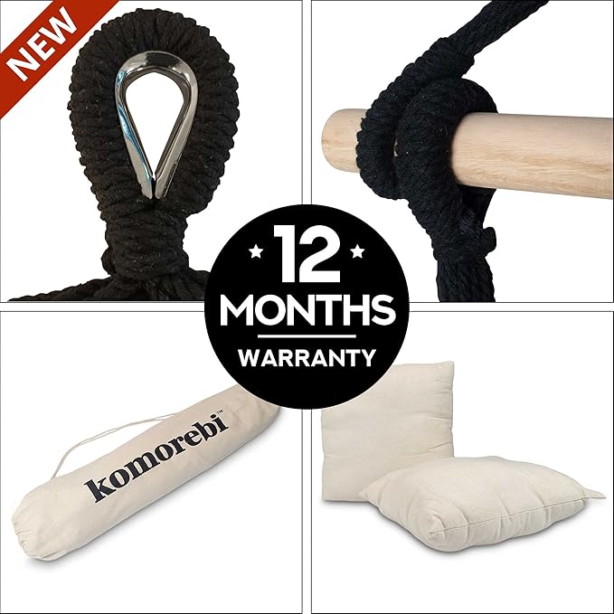 KOMOREBI Hammock Chair - Ivory Black - 60 x 47 - Hanging Rope Swing for Indoor &amp Outdoor - Soft &amp Durable Cotton Canvas - 2 Cushions Included - Large Macrame Hanging Chair for Bedroom Patio