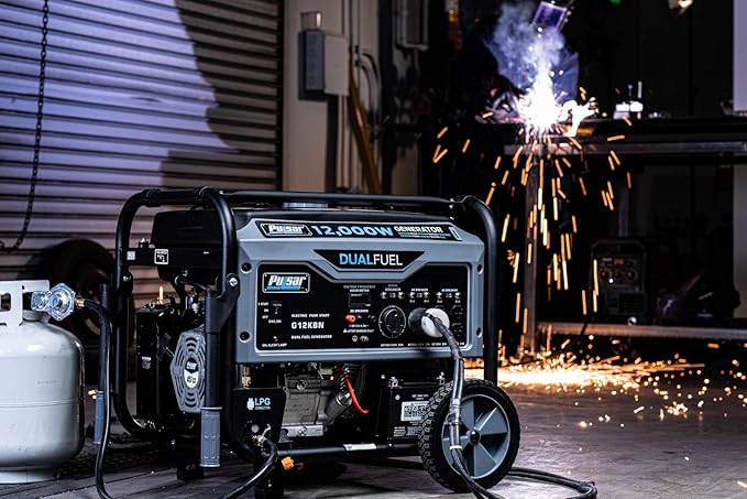 Pulsar G12KBN-SG Heavy Duty Portable Dual Fuel Generator - 9500 Rated Watts &amp 12000 Peak Watts - Gas &amp LPG - Electric Start - Transfer Switch &amp RV Ready - CARB Compliant