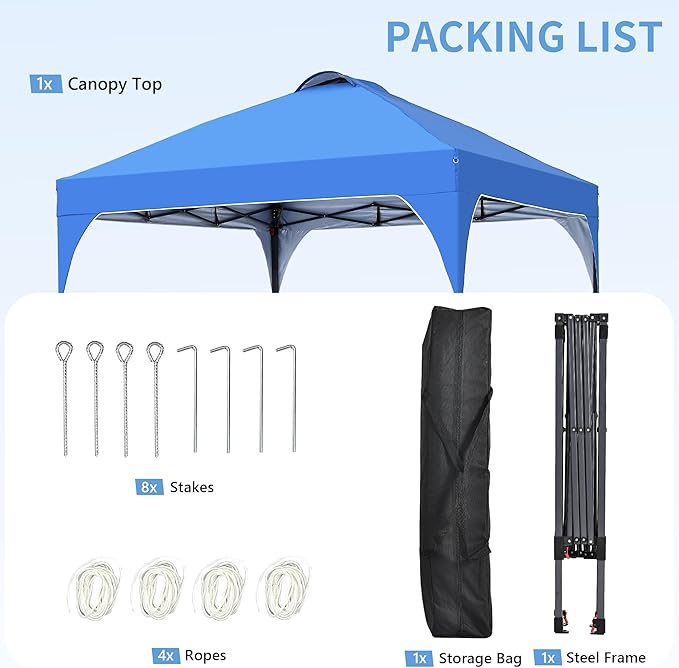 GDY 8x8 Pop Up Canopy Tent Easy-Setup Gazebo Outdoor Canopy with 3 Adjustable Heights for Events Parties Camping Blue.