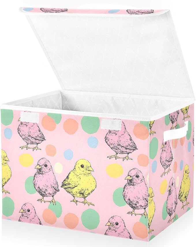 Cartoon Chicken Storage Cube Bins Basket with Lid Collapsible Flip-top Fabric with Handle for Home Bedroom Closet Office 16.5×12.6×11.8 in