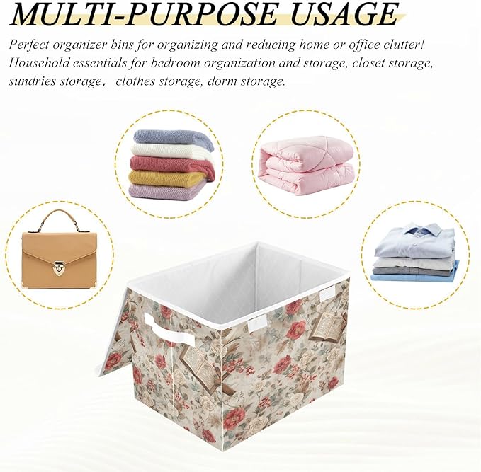 Storage Bins With Lid Stackable Fabric Closet Organizer Clothing Storage Large Boxes For Closet Shelves Bedroom Beige Jesus Crosses Bibles Roses