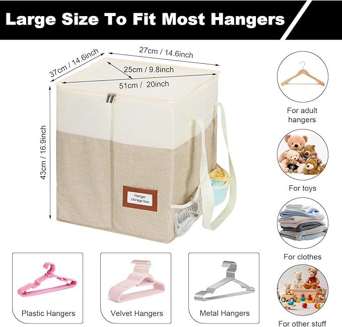 2 Pack Clothes Hanger Organizer Bag with Lid Rigid Hanger Storage ContainersHanger Caddy Organizer Box with Handle and Label Window Keep Closet Laundry Rooms Tidy (Beige)