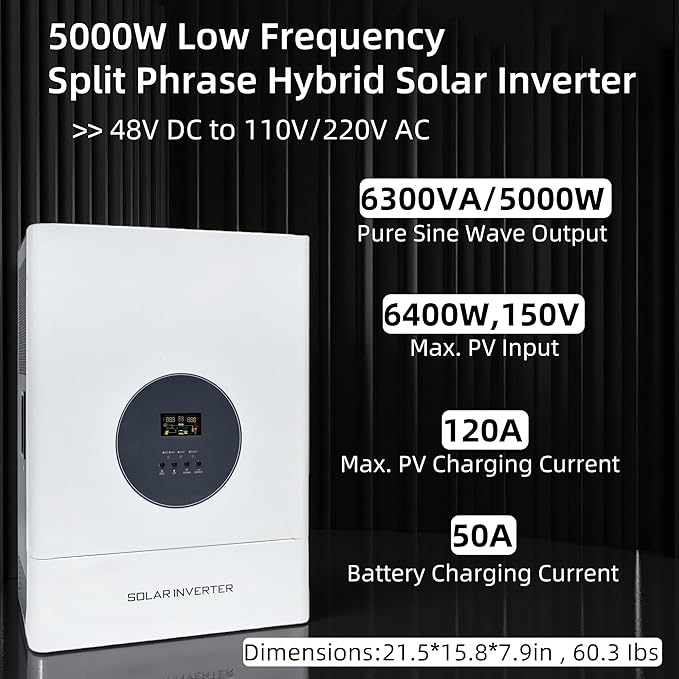 5000W Split Phase Hybrid Solar Inverter 48VAC to 110V/220VAC Built-in 120A MPPT Solar Charge Controller Max.PV Input 6400W 150VDC 60A Work w/ 48V Lead Acid/Lithium Batteries for HomeRVTruck