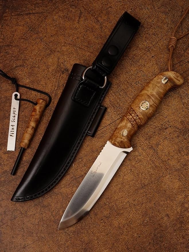 outdoor survival fixed blade camping with Fire Starter Sandvik 14C28N steel blade with leather cover suitable for outdoor hunting and hiking
