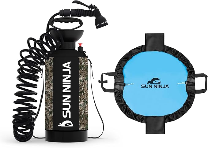 SUN NINJA Portable Shower Bundle with Wetsuit Changing Mat Outdoor Cleaning Kit Versatile for Beach Camping Boat