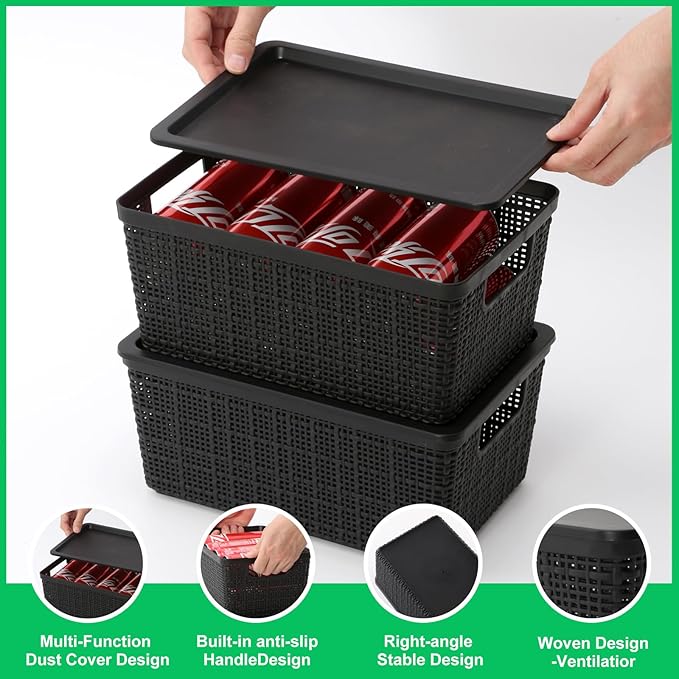 6 Pack Plastic Storage Baskets With LidsBlack Breathable Stackable Storage BinsSmall Storage Containersfor Organizing Storage Baskets on DesktopsClosetsPlayroomsClassroomsOffices