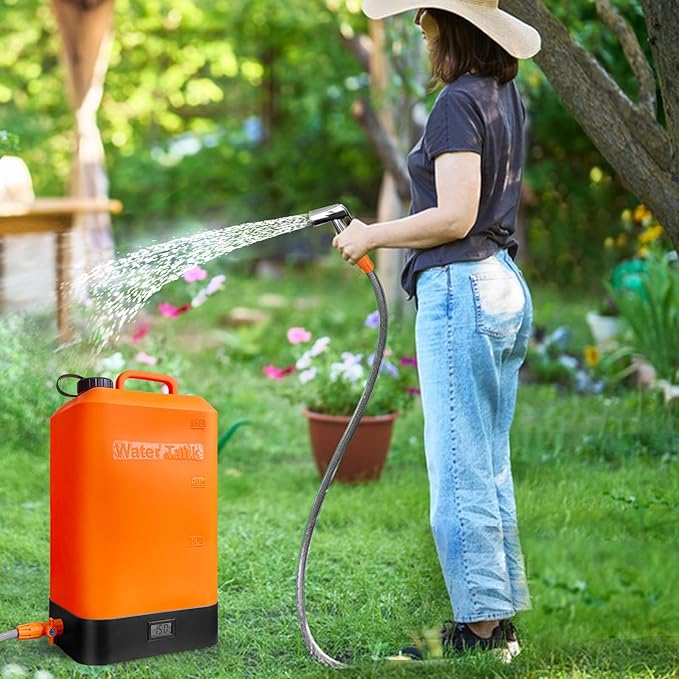 B. TAWD 4.5 Gallon Silicone Water Tank Portable Camping Shower USB Battery Charging Solar Heating with Shower Head Electric Portable Outdoor Shower Built-in Thermometer Beach Camping Hiking