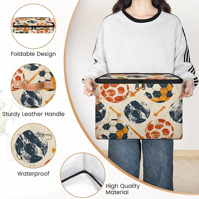 Storage Bins with Lids Soccers Print Storage Basket Clothes Organizer with Handles Closet Storage Containers for Clothing Bedding Blanket