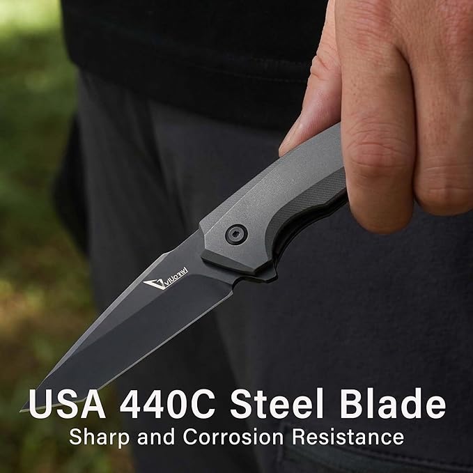 Tactical Pocket Knife - EDC Folding Knife with 440C Stainless Steel Tanto Blade Black Coated Gray Aluminum Handle Liner Lock &amp Deep Carry Clip for Men Outdoor Survival Camping Valentine's Gi