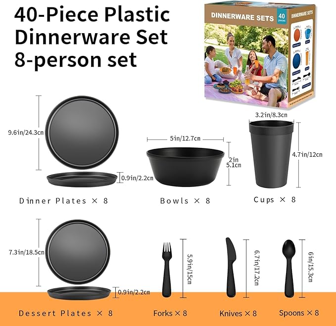 40 Piece Plastic Dinnerware Set for 8 with Cutlery Unbreakable Plates and Bowls Set Dishwasher &amp Microwave Safe Reusable Dish Set for Camping RV Outdoor Kitchen Apartment DiningRainbow Multi