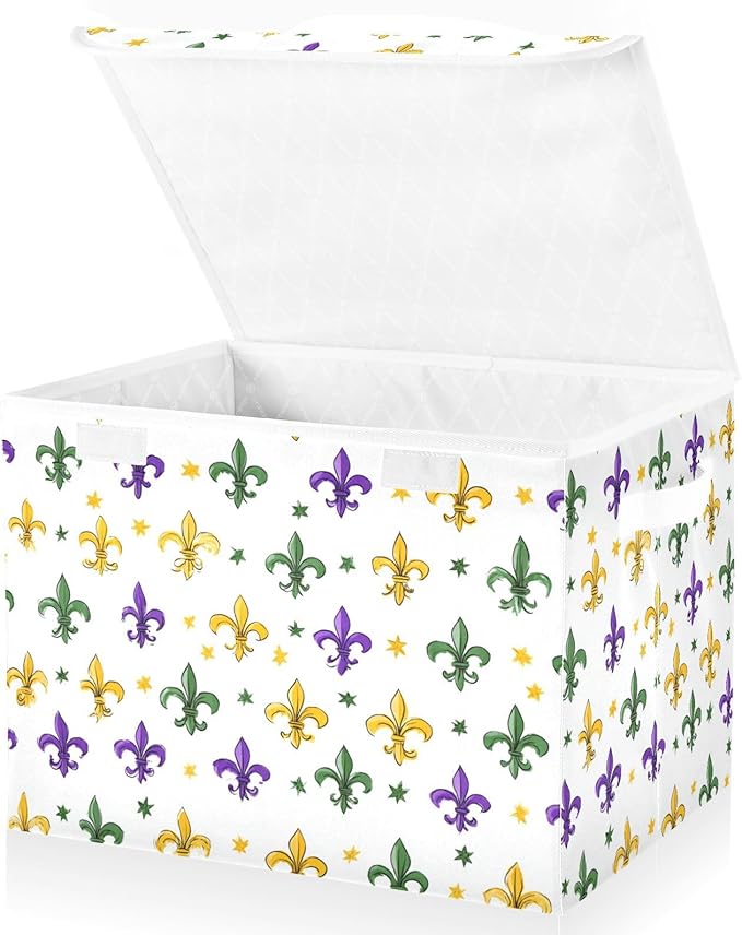 White Fleur De Lis Star Mardi Gras Storage Box with Lid 1 PC Foldable Storage Bin with Lids Stackable Storage Bins Cube Closet Organizer Basket with Flip-Top Lid &amp Handles for Shoes Books Towels