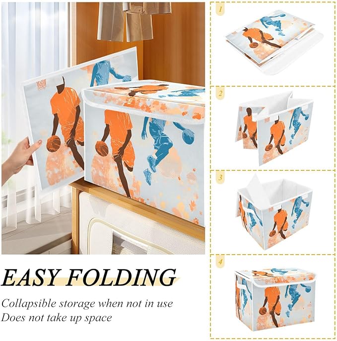Orange Blue Basketball Players Splash Storage Box with Lid 1 PC Foldable Storage Bin with Lids Stackable Storage Bins Cube Closet Organizer Basket with Flip-Top Lid &amp Handles for Shoes Books Towel