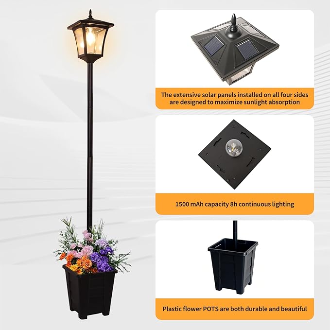 Outdoor Solar Post Lights 59 Dusk to Dawn Solar Lamp Post Waterproof Solar Floor Lamps Warm White Pole Lights with Planter for Patio Backyard Lawn Garden