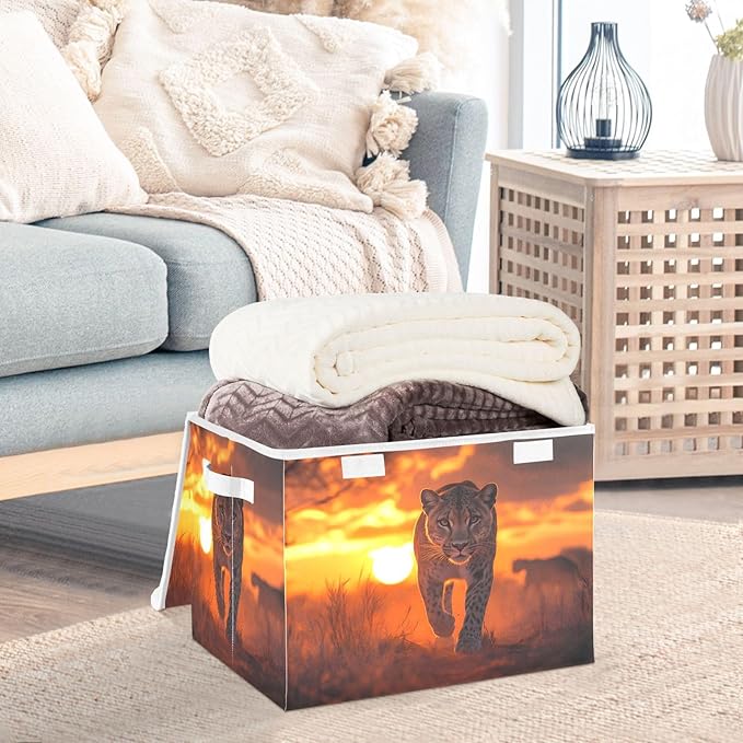Storage Cube with Lid Sunset Lion Print 16.5×12.6×11.8 IN Collapsible Large Capacity Foldable Storage Basket Bin Organizer