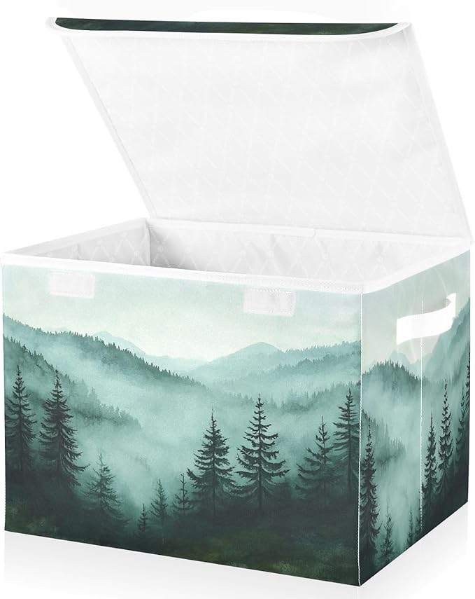 Green Mountains and Pine Trees Collapsible Storage Bins with Lids Decorative Fabric Cubes Closet Organizer Basket Boxes Containers for Clothes Box Chest Nurs