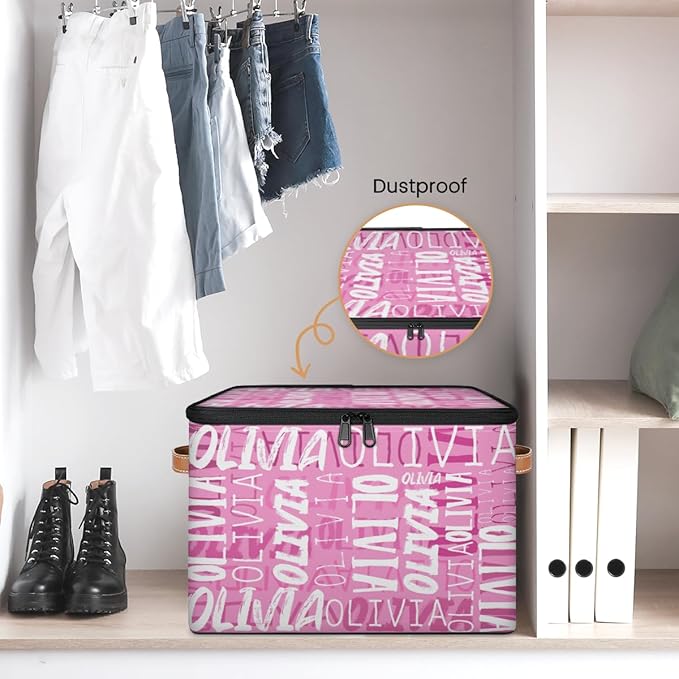 Custom Storage Bins with Zipper Lid Personalized Pink White Fabric Lidded Storage Baskets Boxes Foldable Cubes Clothes Organizer Container