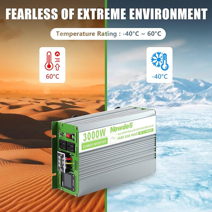 Newdeli 3000 Watt Pure Sine Wave Power Inverter 12V DC to 110V 120V AC Car Power Inverter for Vehicles Car Truck RV Solar Home- Car Inverter with 2 AC Socket 3.4A USB Remote Controller LCD Display