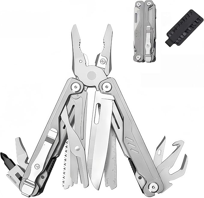 Multitool 20-in-1 Full-Size Multi-Purpose Pliers Lightweight EDC Nylon Bag With Safety Locking Camping Knives &amp Tools Mens Gifts Ideas Gifts for Hunters Men who have Everything (Silver)
