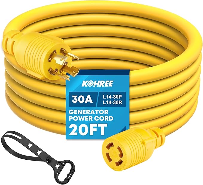 Kohree 30 Amp Generator Extension Cord 4 Prong 20FT Nema L14-30P/L14-30R Generator Cord 125/250V 7500W 10 Gauge Heavy Duty Generator Power Locking Cord for Manual Transfer Switch Power Outage 20FT