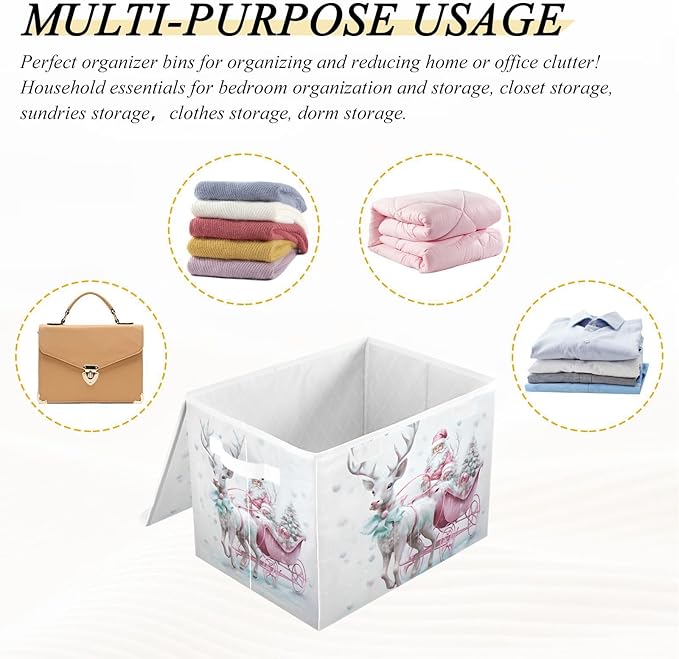 Christmas Baskets Collapsible Storage Bins with Lids Christmas Santa Claus Pink Reindeer Storage Boxes Clothes Baskets for Organizing