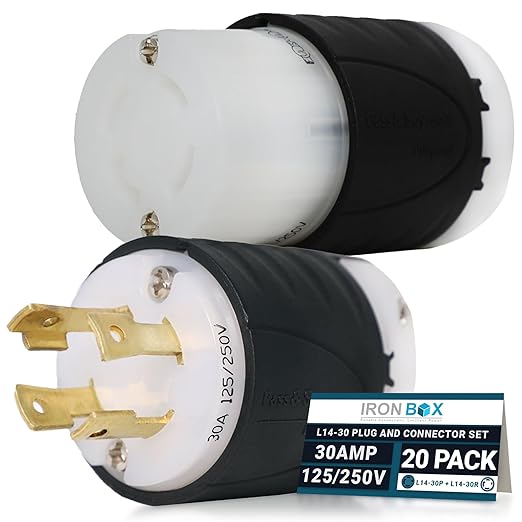 IronBox Electric L14-30P + L14-30R Generator Plug &amp Connector Set - 30A 125/250V 4-Prong for 7500W Generators - Twist Lock Adapter - UL Listed Electrical Connectors for Power Backup (Pack of 20)