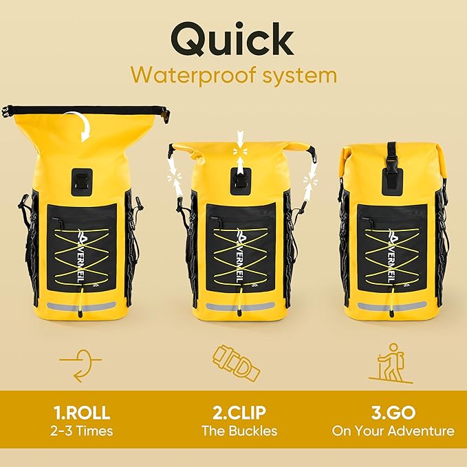 Dry Bag Waterproof Backpack 35L for Men &amp Women Roll-Top Hiking Backpack with IPX8 Waterproof Phone Case &amp Detachable Mini Backpack for Kayaking Boating Cushioned Padded Back Yellow