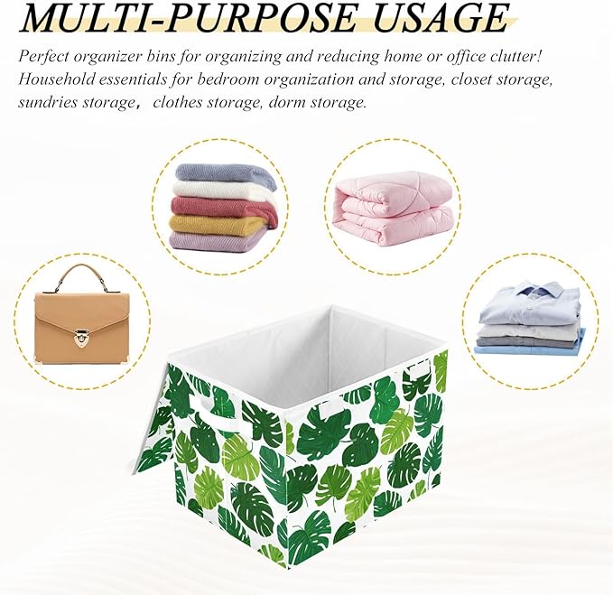 Dark Green Tropical Leaf Collapsible Storage Bins with Lids Decorative Fabric Cubes Closet Organizer Basket Boxes Containers for Clothes Box Chest Folding Rectangle