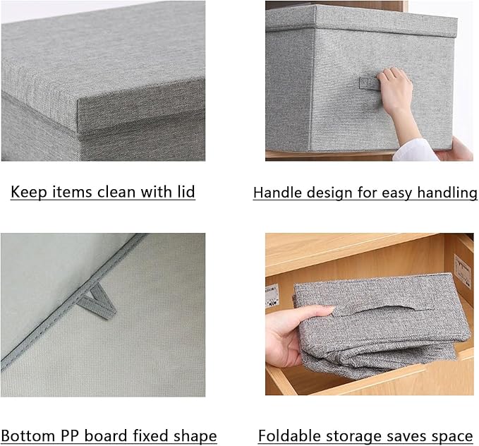 2 Pack Fabric Storage Bins with Lids Foldable Clothes Storage Bins Lidded Linen Storage Boxes Decorative Collapsible Basket with Handle for Bedroom Closet Office Clothes (Grey)