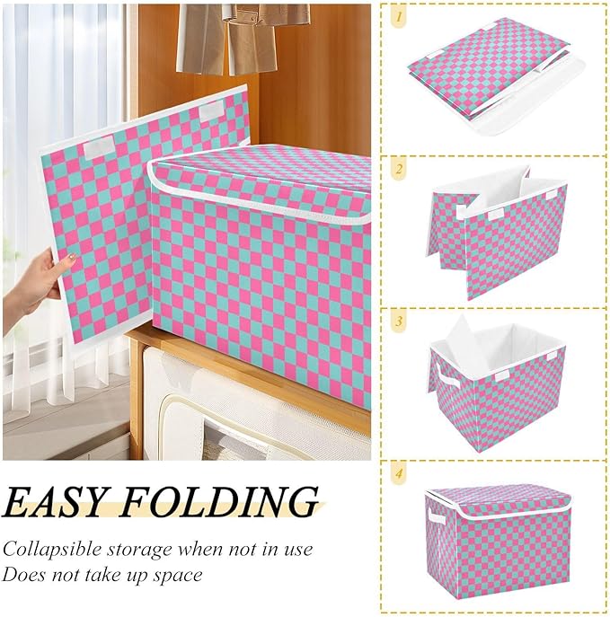 Pink Blue Checkerboard Storage Baskets Lidded Bin Foldable Storage Boxes Cubes Lids with 2 Handles for Organizing Closet Home Office