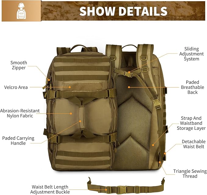 HUNTVP 60L Tactical Backpack Tactical Duffel Bag Military Travel Bag Outdoor Assault Pack Rucksack Bag | Gear Sport Outdoor Bag For Hunting Camping Trekking