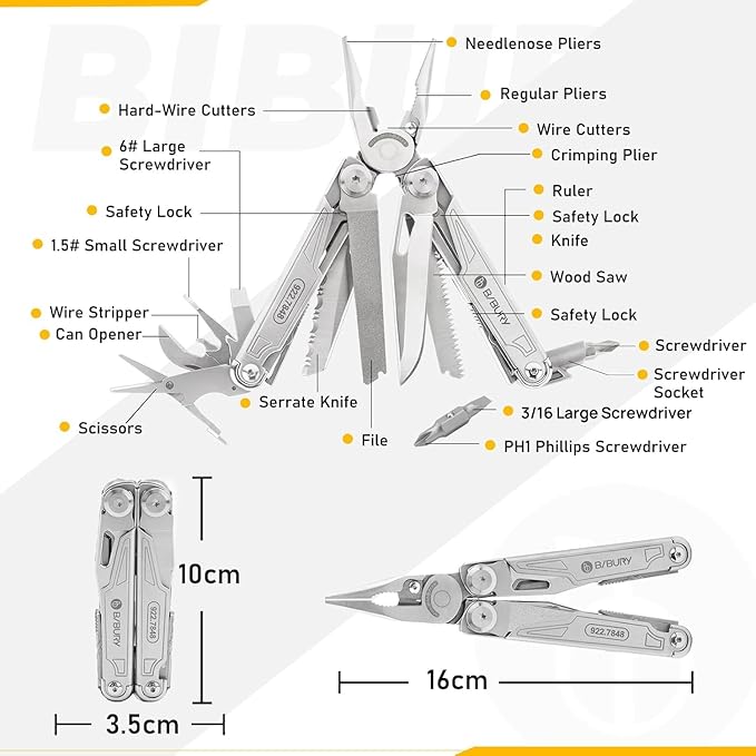 BIBURY Multitool with Pocket Knife 19-in-1 Stainless Steel Pliers with Scissors Self-locking Multi tools with EDC Sheath for Home Camping Hiking Survival Gifts for Men BI2038A