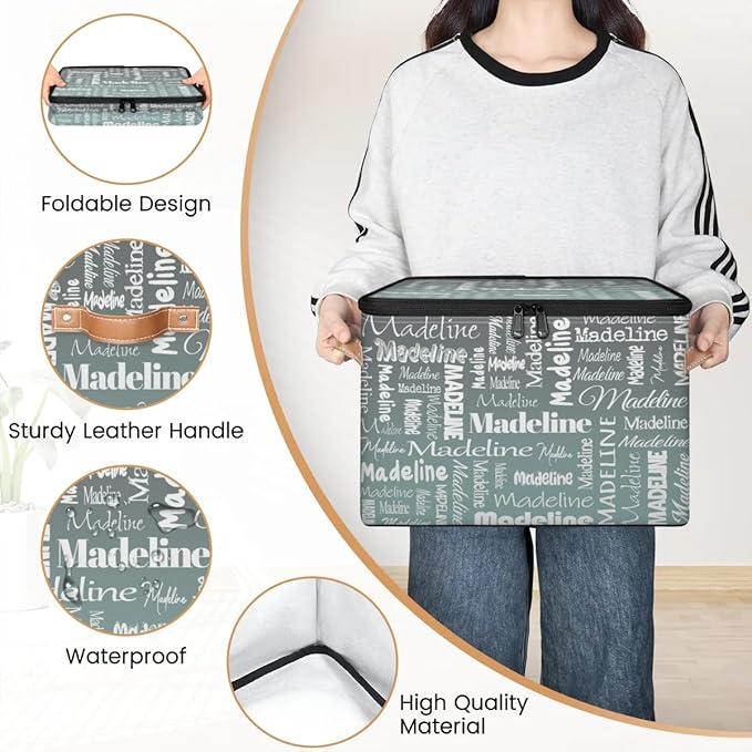 Custom Storage Basket with Name Personalized Keepsake Box with Zipper Lid Foldable Fabric Memory Bin Large capacity with Handle Gradient Grey Green