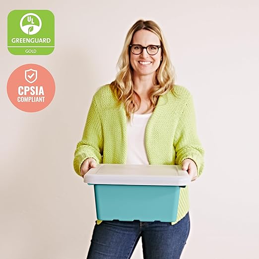 ECR4Kids Stackable Square Bins with Non-Snap Lids Multipurpose Organization Seafoam 4-Pack