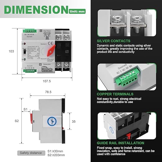 63Amp AC 220V Automatic/Manual Transfer Switch 2P 50/60Hz 2POLE 63A Mini ATS Solar Auto Dual Power Switch for Home Din Rail Mounted Cn Automatic Changeover Fast Transfe for Rv Lv Power