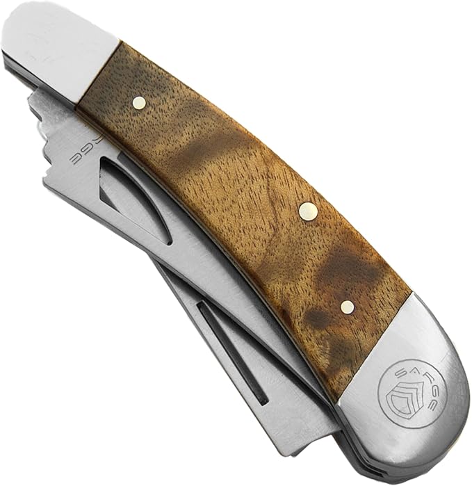 Sarge Knives Two Blade Pocket Knife (2 Blades) Compact Folding EDC Knife with 440 Stainless Steel Razor + Drop Point Maple Burlwood Handle Everyday Carry Knife for Camping Hunting &amp Utility U
