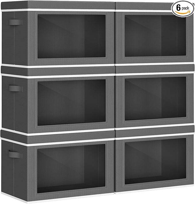 Homsorout Collapsible Storage Bins with Lids - Stackable Storage Containers with Window 6 Pack Fabric Cube Bins for Closet Home &amp Office Organization Baskets Dark Gray 14.9 x 9.8 x 9.8