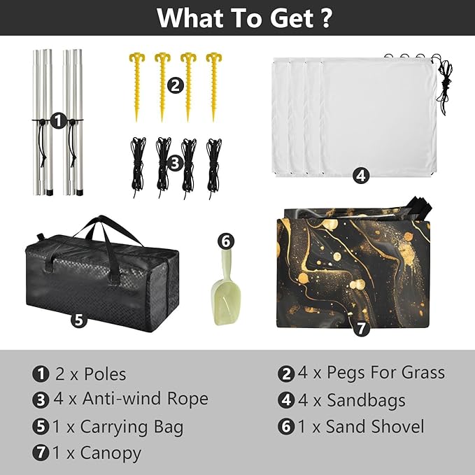 ALAZA Luxury Black &amp Gold Marble Beach Tent Sun Shelter UPF50+ Protection Beach Shade Canopy w/ 4 Sandbags for Outdoor Camping Fishing Backyard Fun Picnic 10x9 ft