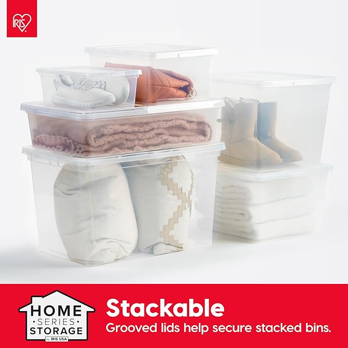IRIS USA 12-Pack Storage Bins with Lids 17 Quart Shoe Boxes Clear Stackable Containers Organize Shoes Closet Shelves Classroom Organization Teacher Tools Game Storage - BPA-Free Plastic
