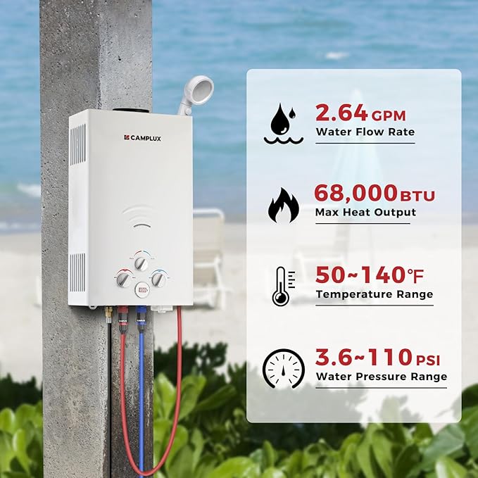 CAMPLUX Tankless Water Heater Propane 2.64GPM Portable Water Heater for Off Grid Camping BW264 White