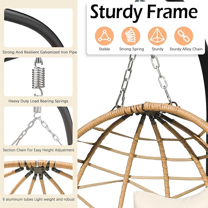 Hanging Egg Chair Swing with Stand Patio Wicker Hanging Chair Webbing &amp PE Rattan Weaving Thickened UV Resistant Cushion &amp Alloy Steel Frame 380lbs Capacity for Patio Bedroom Balcony (YB)