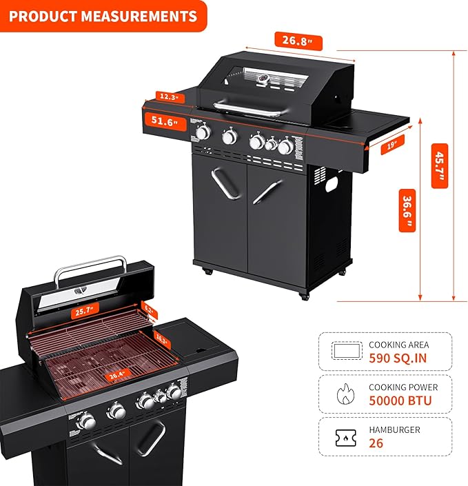 4 Burners Propane Gas Grill with Visual Glass 50000 BTU Propane Grill with Side Burner Double-Layer Lid Stainless Steel GrateOutdoor Cook BBQ Grill for Patio Camping Backyard