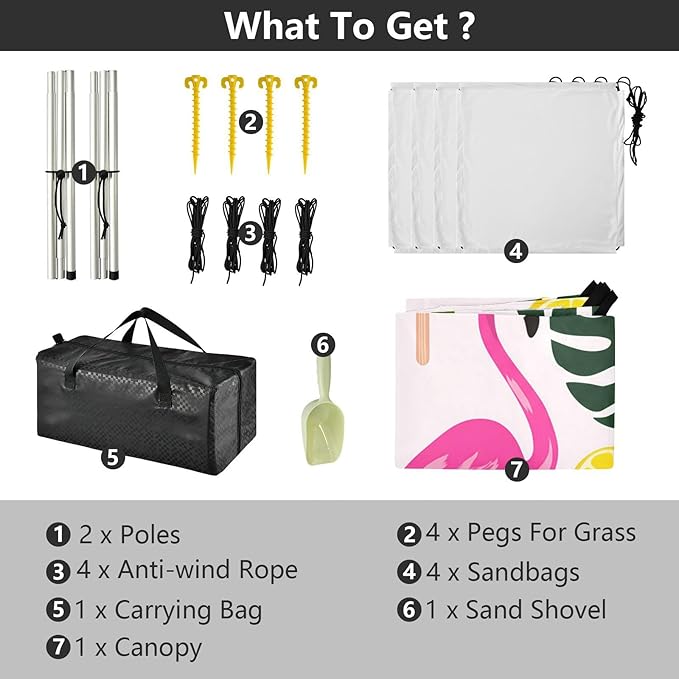 Beach Canopy with Windproof Ropes &amp Sandbags Beach Tent Sun Shade Sun Shelter for Camping Trips Fishing Backyard Fun or Picnics Flamingos