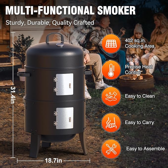 16 Charcoal Smoker 3 in 1 Heavy Duty Vertical Barbecue Grill Outdoor Fire Pit 402 Square Inches Cooking Area Versatile Outdoor Smoker Grill Black