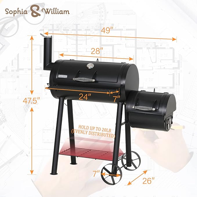 Sophia &amp William Charcoal Grill with Offset Smoker 512 Square Inches Outdoor BBQ Grill Offset Charcoal Smoker for Patio Garden Picnics Camping Backyard Cooking Black