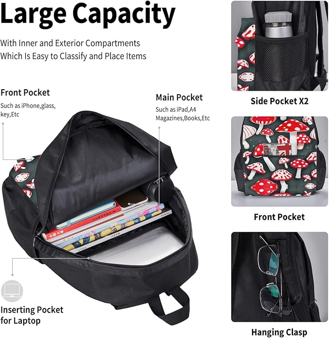 Red White Mushroom Backpack With Lunch Box 3 In 1 Set With Pencil Case Large Capacity Backpack With Chest Strap