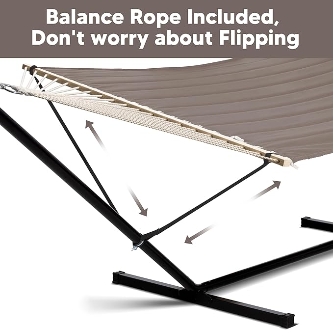 SUNCREAT 55 Inch Extra Large Double Hammock with 12 ft Stand 475lbs Capacity Outdoor Portable Hammock with Hardwood Spreader Bar Extra Large Pillow Brown