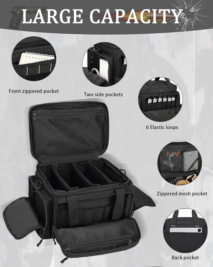 HAMBOLY Tactical Gun Range Bag for Handguns Pistol Range Bag with 6X Magazine Slots and Extra Pockets for Ammo and Essentials for Shooting Hunting Outdoor Sports