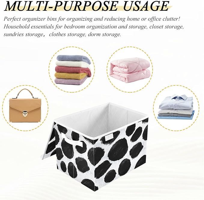 Storage Bins With Lid Stackable Fabric Closet Organizer Clothing Storage Large Boxes For Closet Shelves Bedroom Black White Cow Print